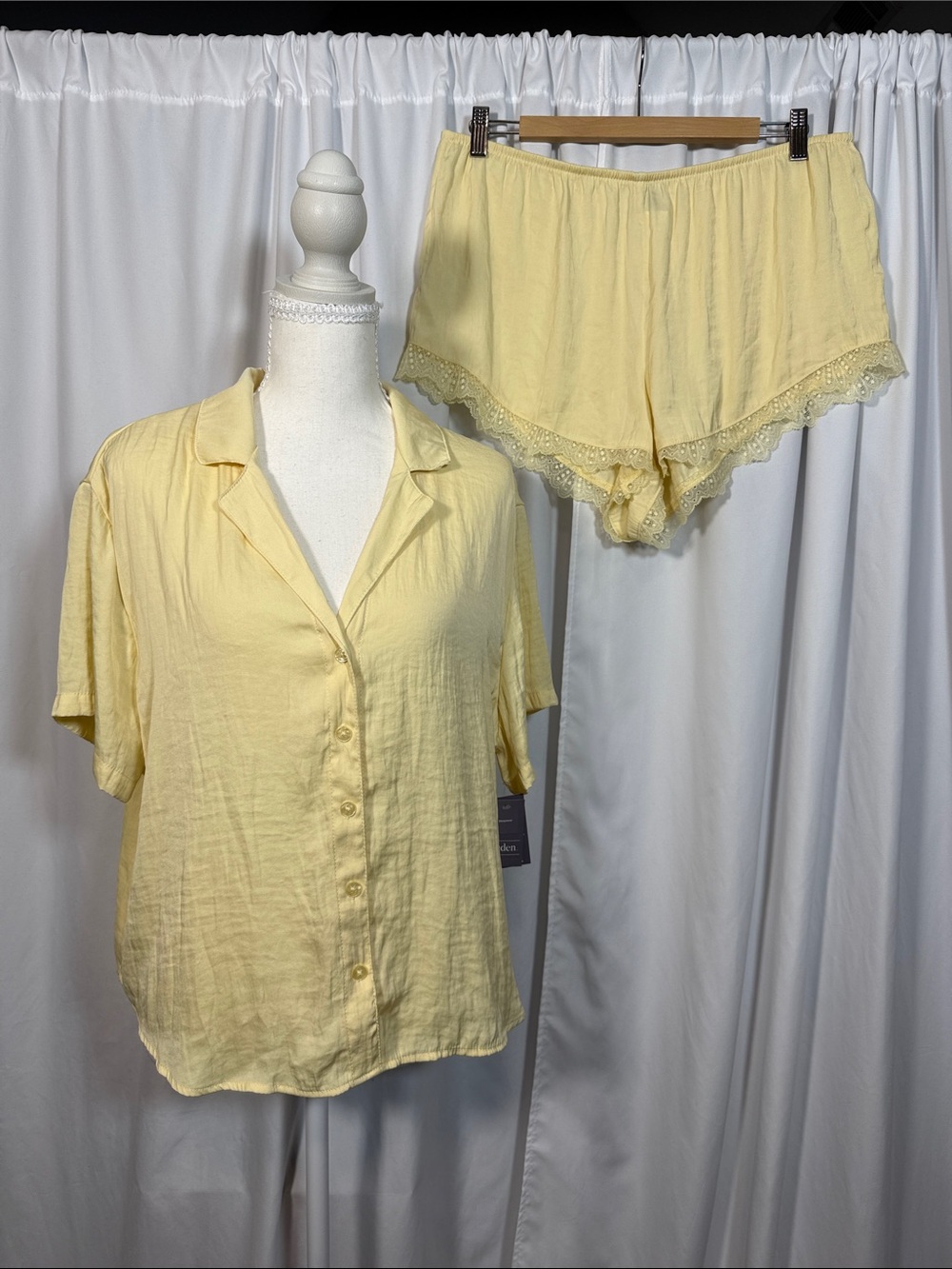 Auden Pale Yellow Short Sleeve Button Pajama Set with Lace Shorts